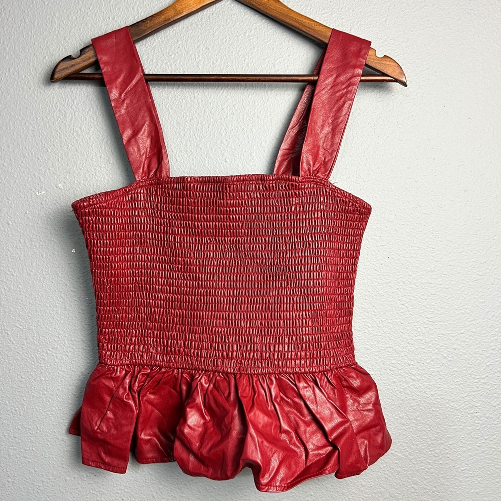 TCEC Y2K Faux Leather Smocked Peplum Babydoll Cropped Tank Top Sleeveless Red Lg